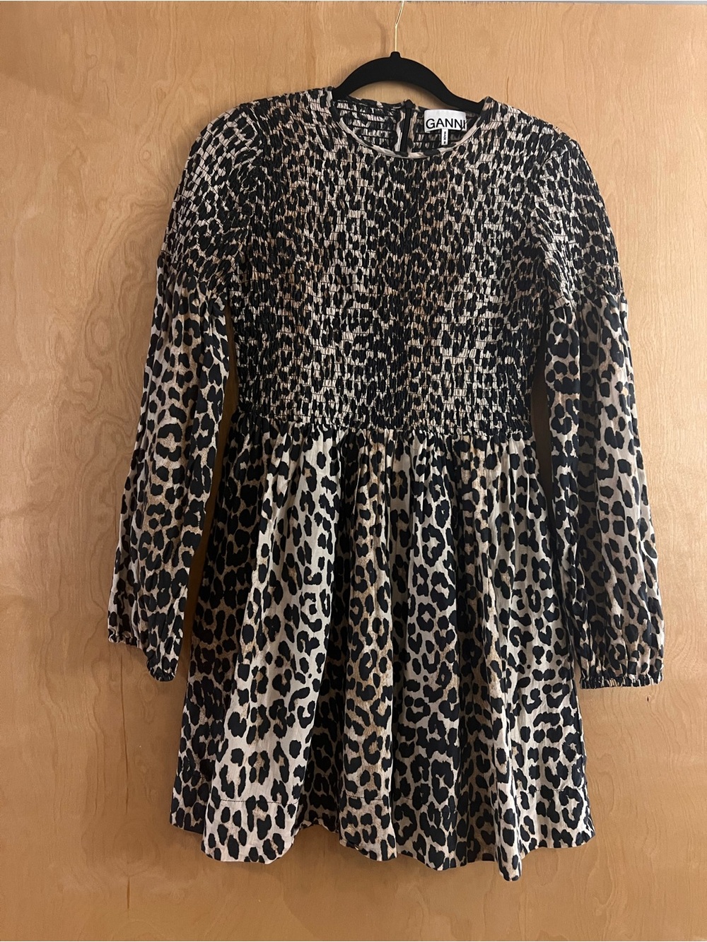 GANNI Leopard-Print Smocked Mini Dress SZ 34 or US 4